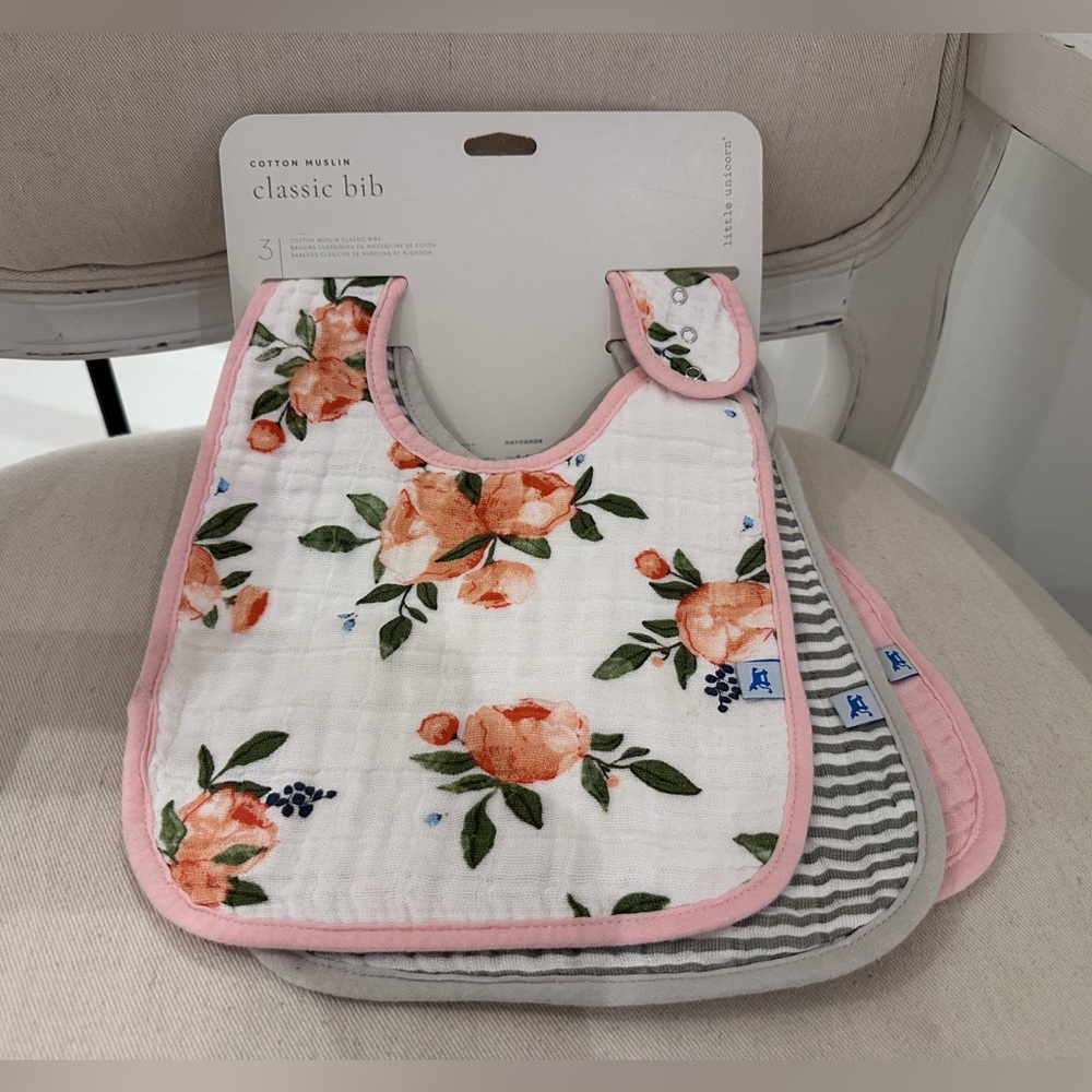 🦢 Cotton Muslin Classic Bibs Little Unicorn - 3 Pack - Watercolor Roses NWT